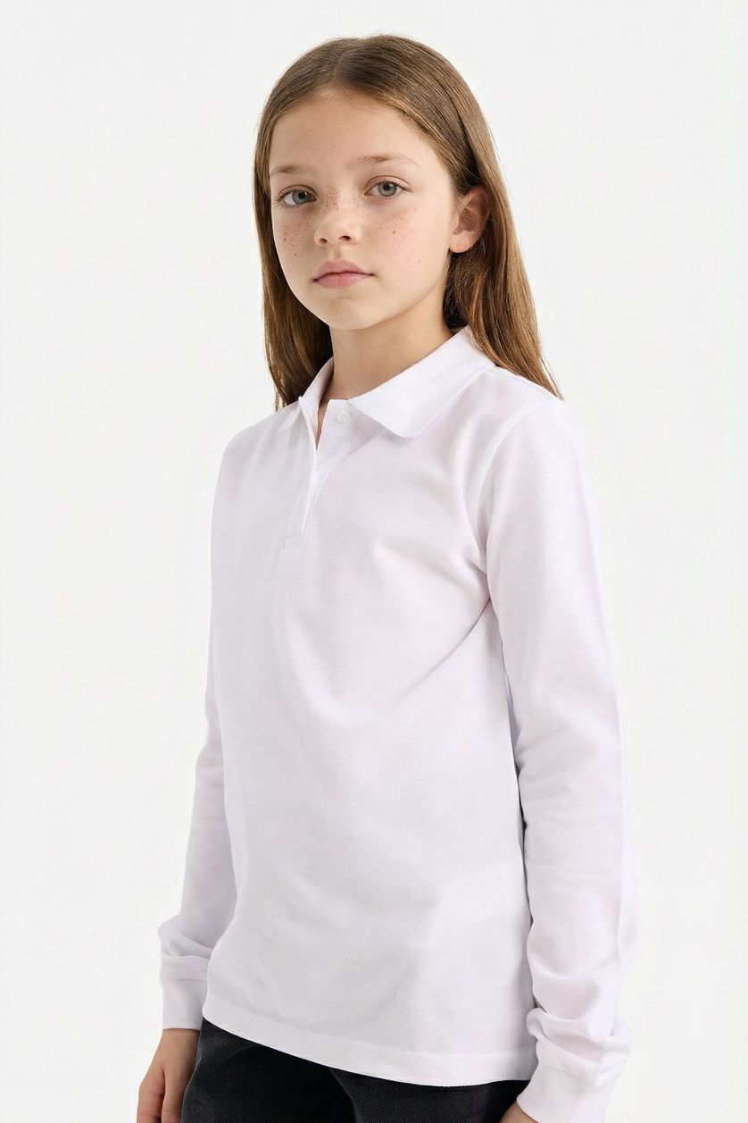 GIRLS & TEENS White Girl Pique Long Sleeve Basic Polo T-Shirt