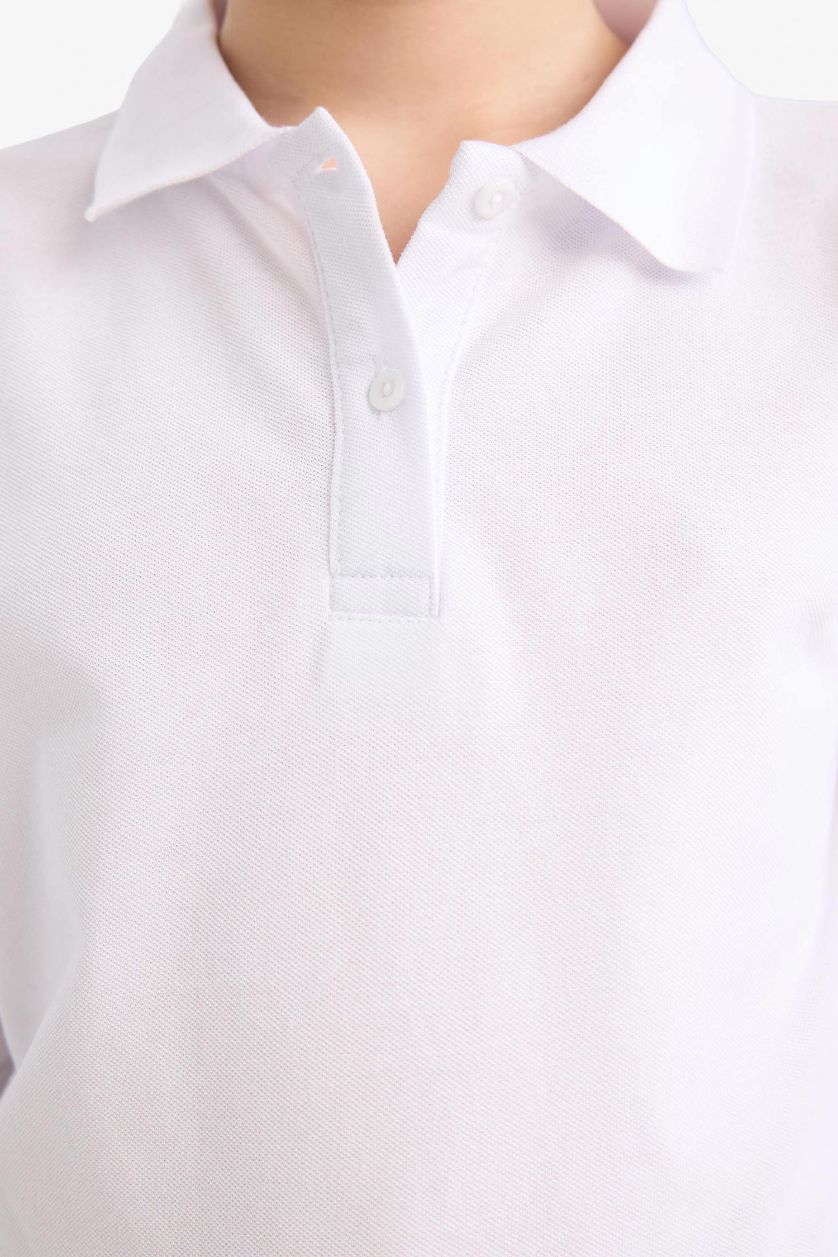 GIRLS & TEENS White Girl Pique Long Sleeve Basic Polo T-Shirt