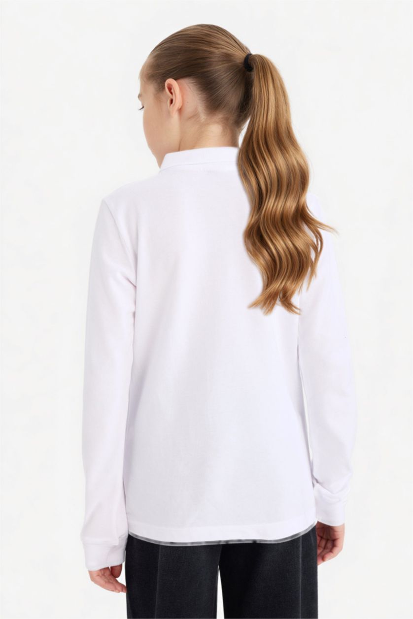 GIRLS & TEENS White Girl Pique Long Sleeve Basic Polo T-Shirt
