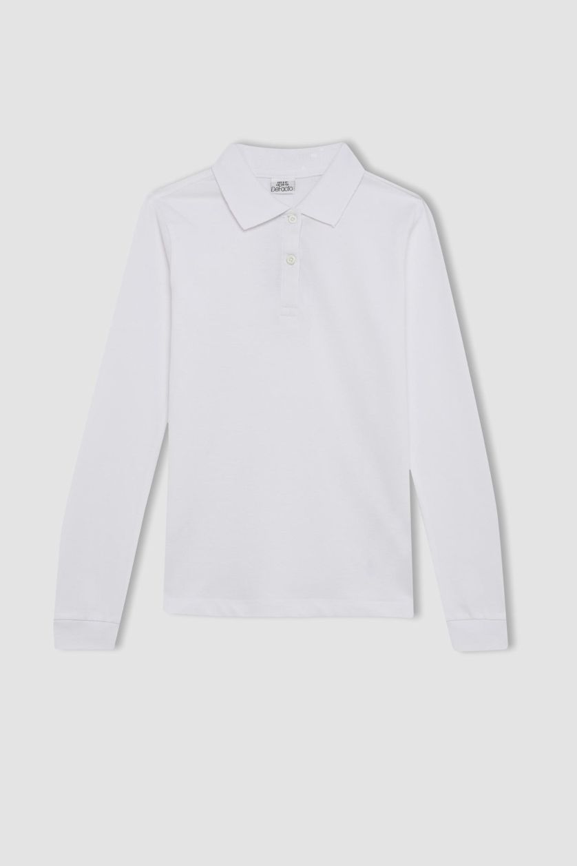 GIRLS & TEENS White Girl Pique Long Sleeve Basic Polo T-Shirt