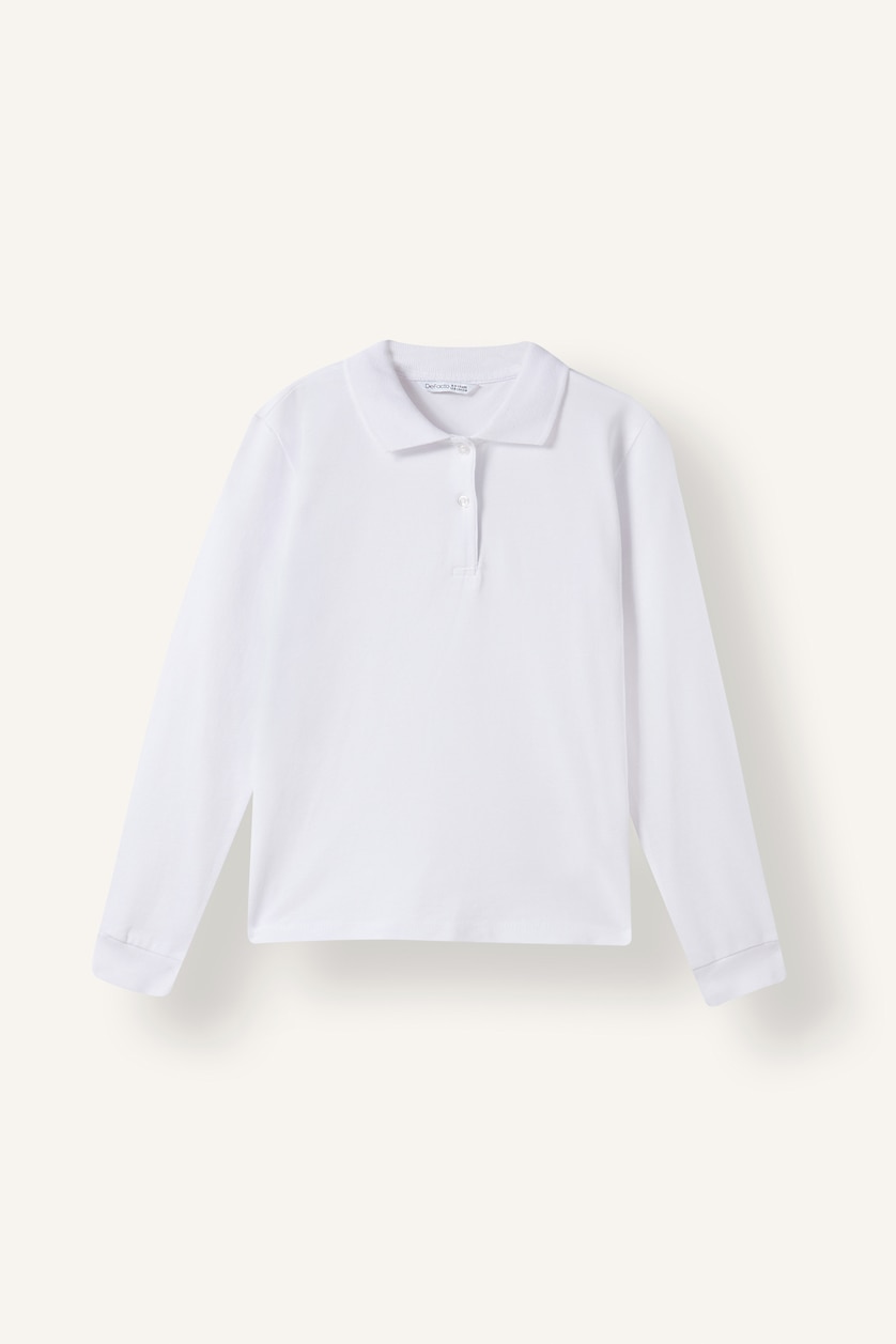 Girls & Teens White Girl Basic White 100% Cotton Pique Crew Neck Long Sleeve Polo T-Shirt