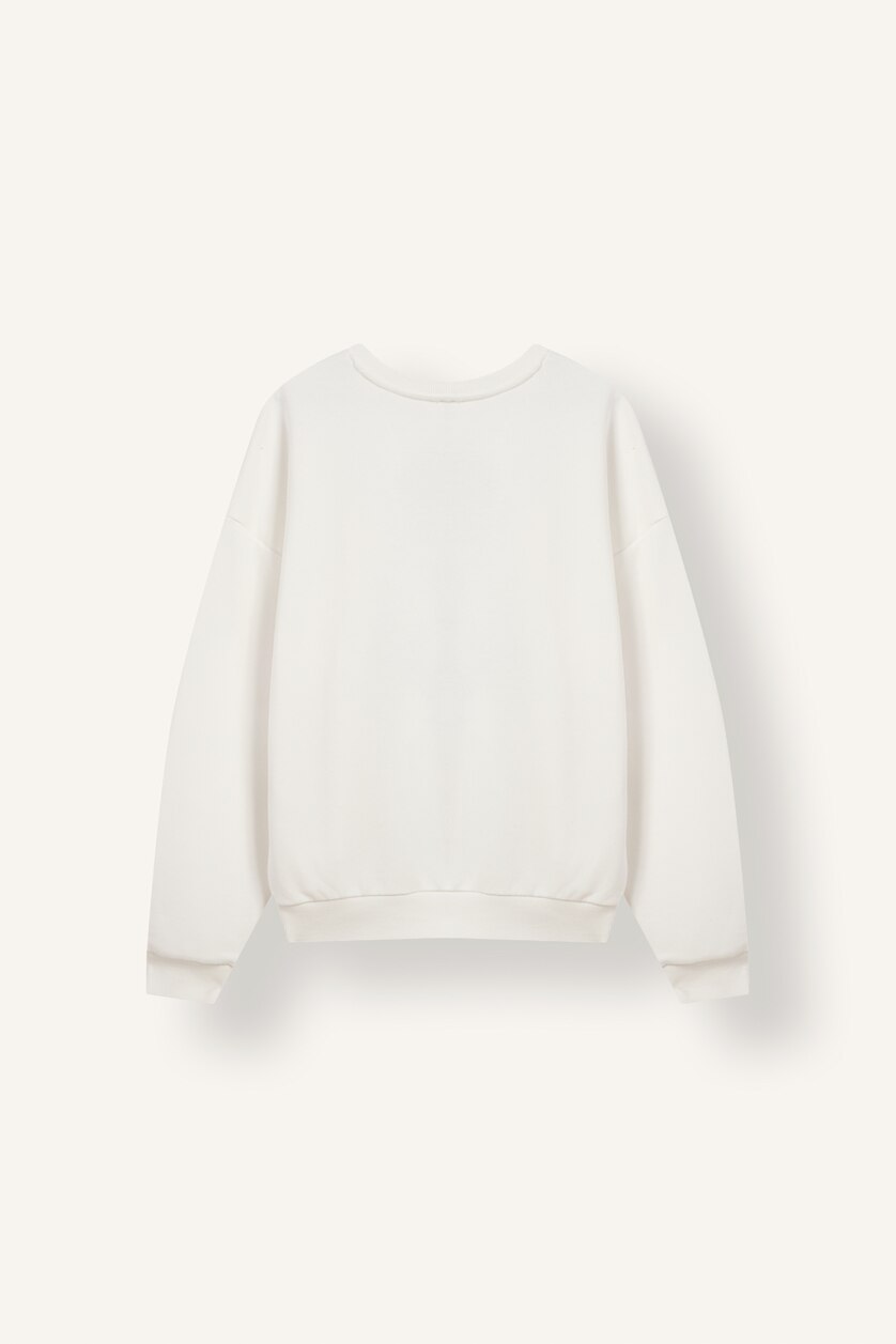 Kadın Kırık Beyaz Oversize Bisiklet Yaka Atatürk Kumaş Sweatshirt