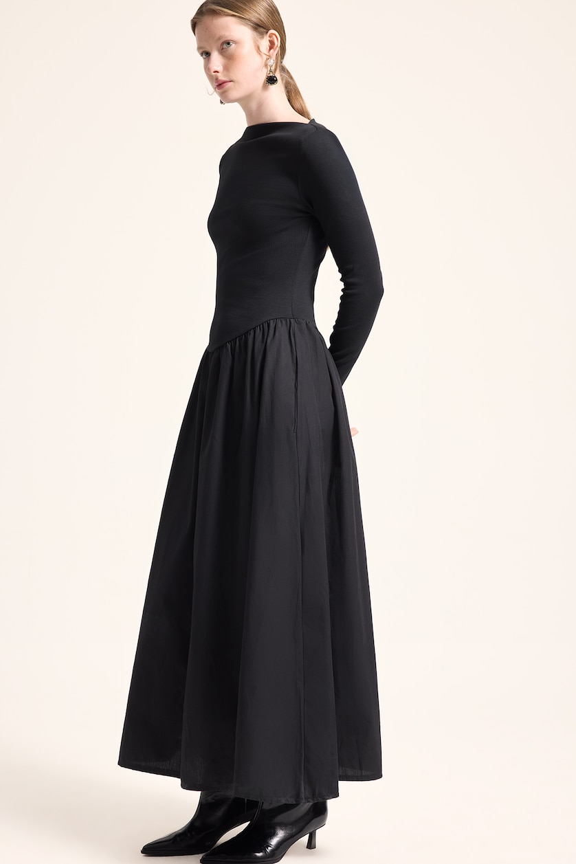 WOMAN Black 100% Cotton Long Sleeve Boat Neck Poplin Midi Dress