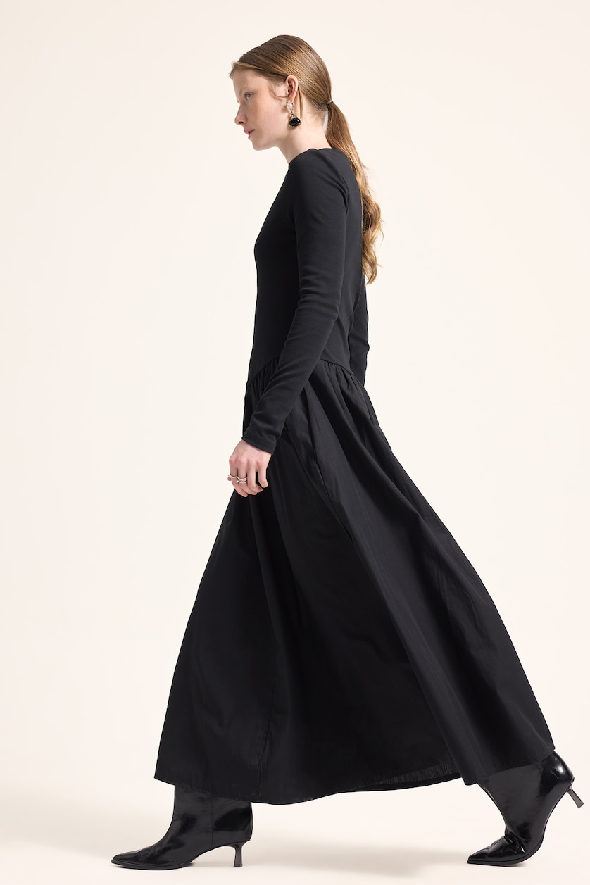 WOMAN Black 100% Cotton Long Sleeve Boat Neck Poplin Midi Dress
