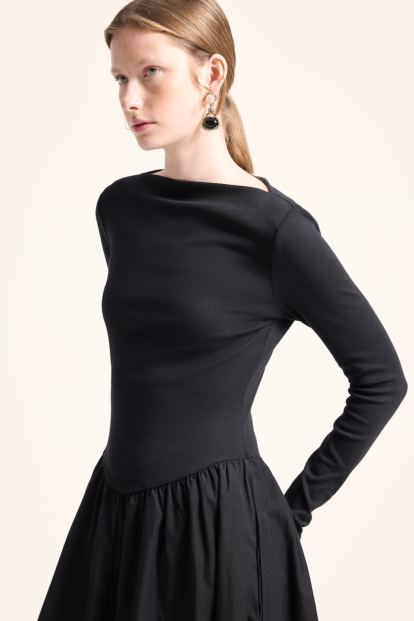 WOMAN Black 100% Cotton Long Sleeve Boat Neck Poplin Midi Dress
