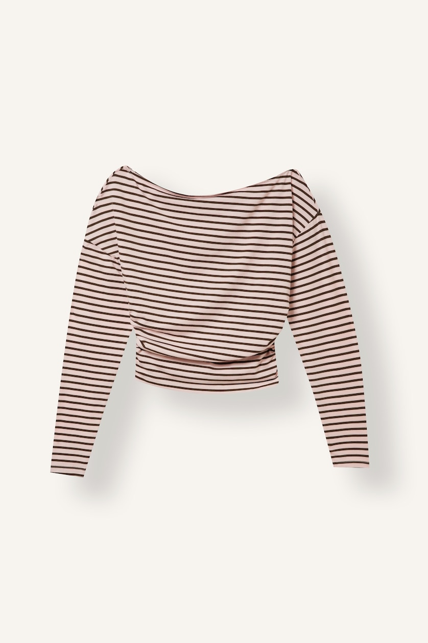 Kadın Açık Pembe Loose Fit Uzun Kollu Çizgili Crop Tişört