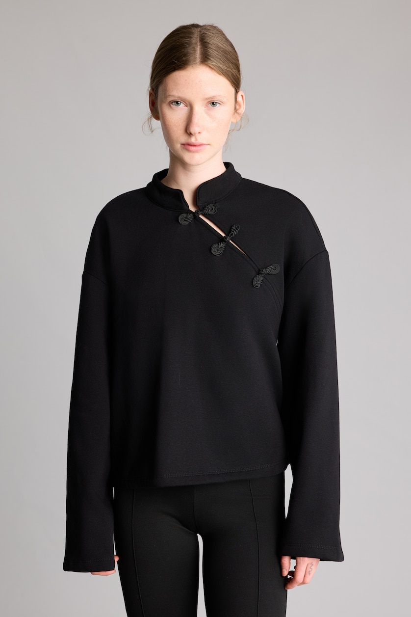 Kadın Siyah Loose Fit Düğmeli Basic Sweatshirt