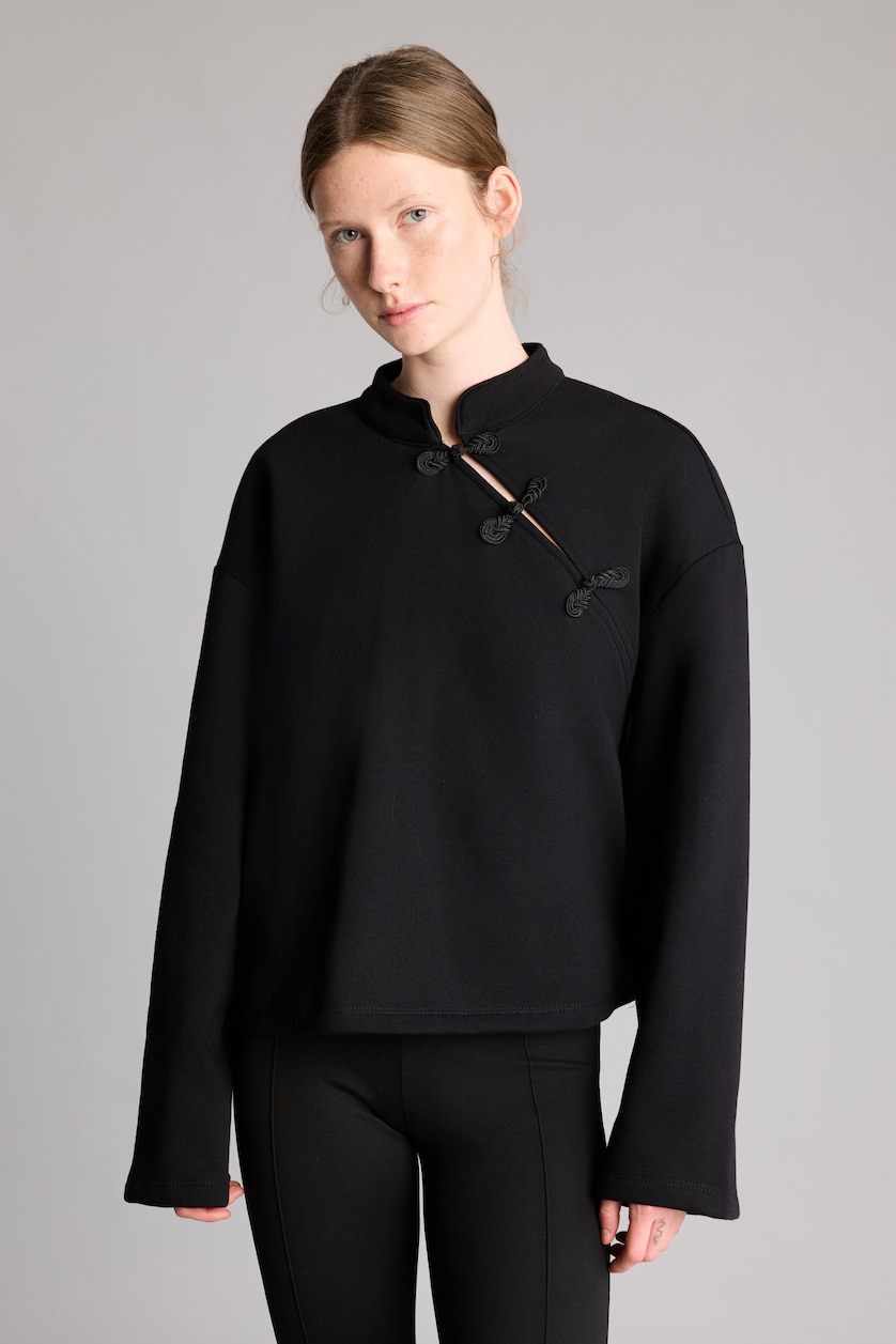 Kadın Siyah Loose Fit Düğmeli Basic Sweatshirt