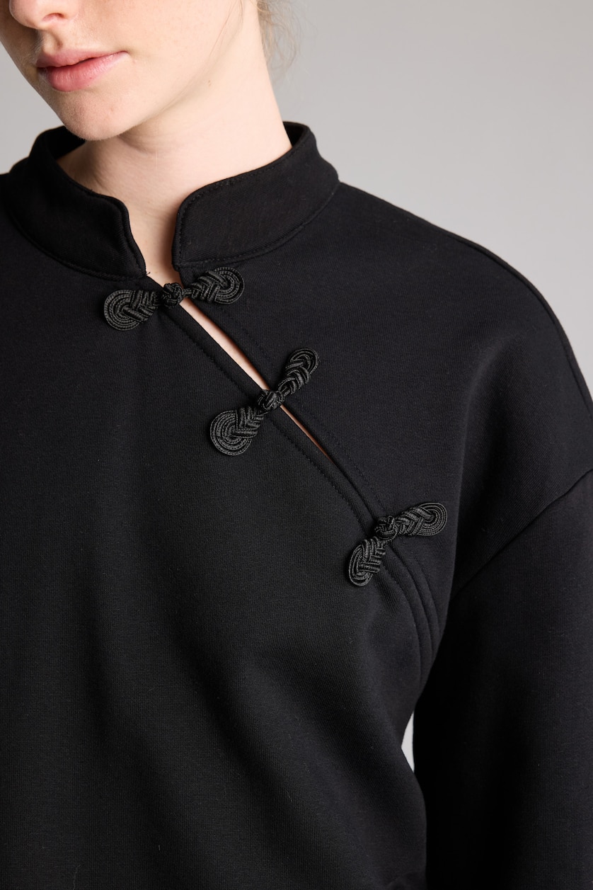 Kadın Siyah Loose Fit Düğmeli Basic Sweatshirt