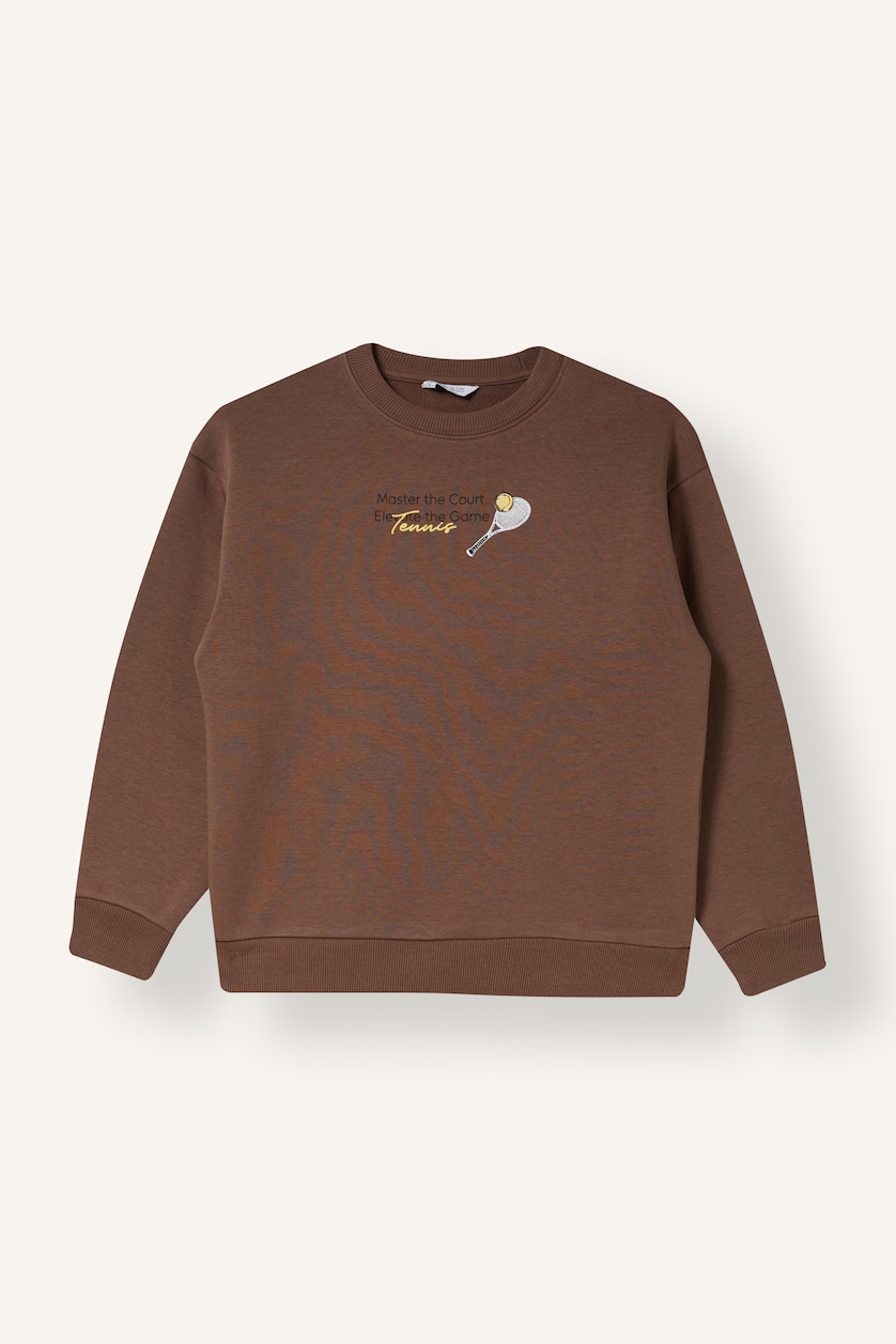 Erkek Çocuk - Genç Erkek Kahve Baskılı Kalın Sweatshirt Erkek Çocuk