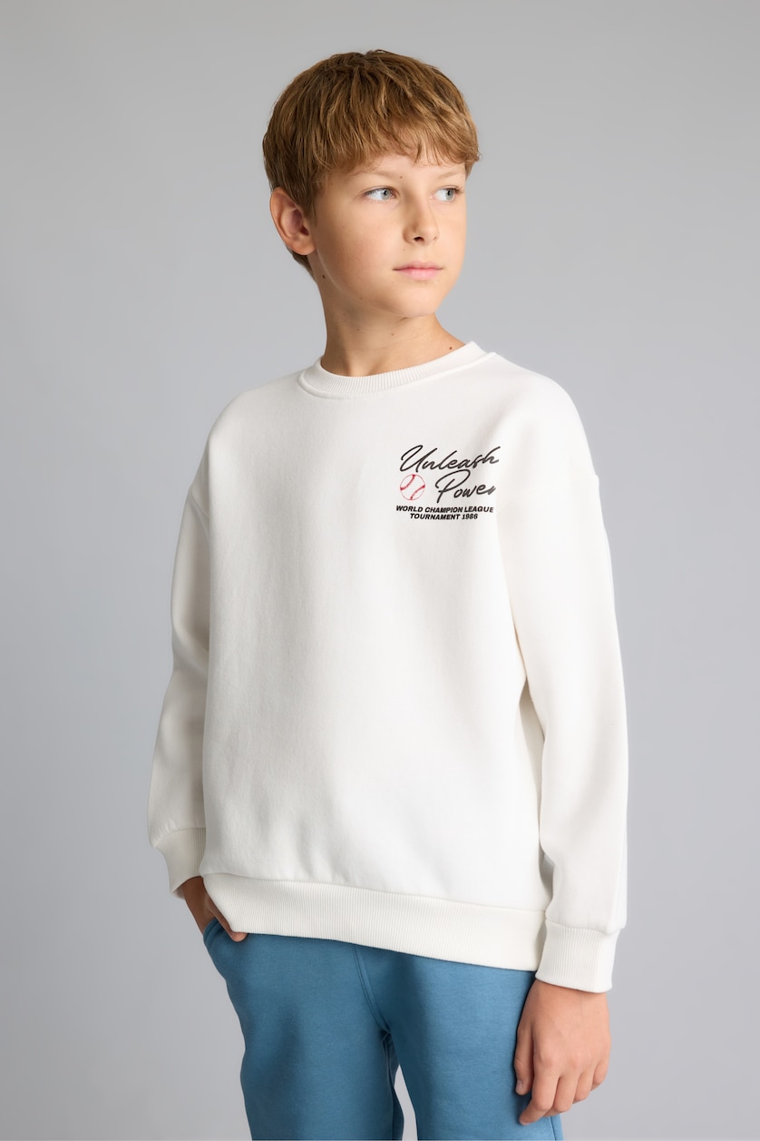 Erkek Çocuk - Genç Erkek Ekru Regular Fıt Bisiklet Yaka Spor Baskılı Kalın Kumaş Sweatshirt Erkek Çocuk