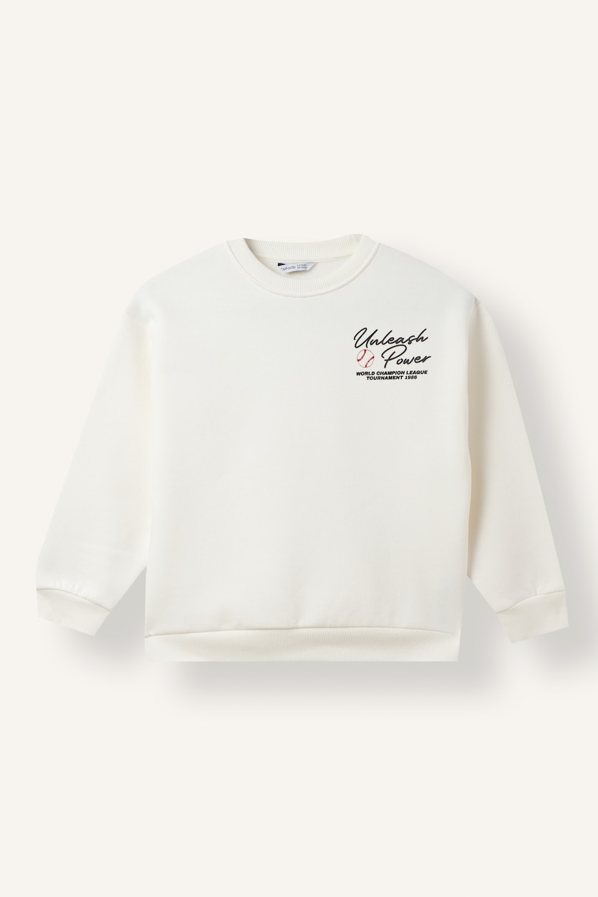 Erkek Çocuk - Genç Erkek Ekru Regular Fıt Bisiklet Yaka Spor Baskılı Kalın Kumaş Sweatshirt Erkek Çocuk