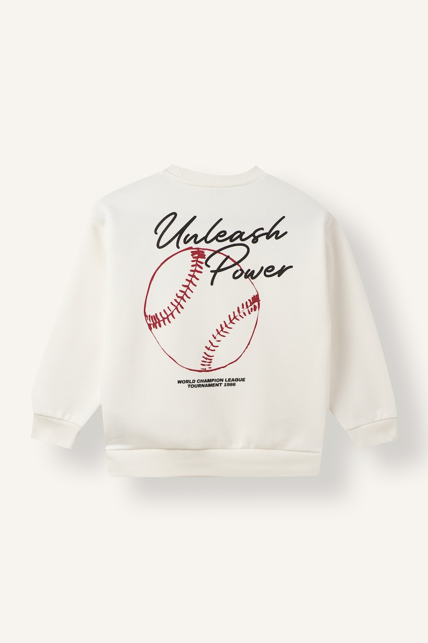 Erkek Çocuk - Genç Erkek Ekru Regular Fıt Bisiklet Yaka Spor Baskılı Kalın Kumaş Sweatshirt Erkek Çocuk