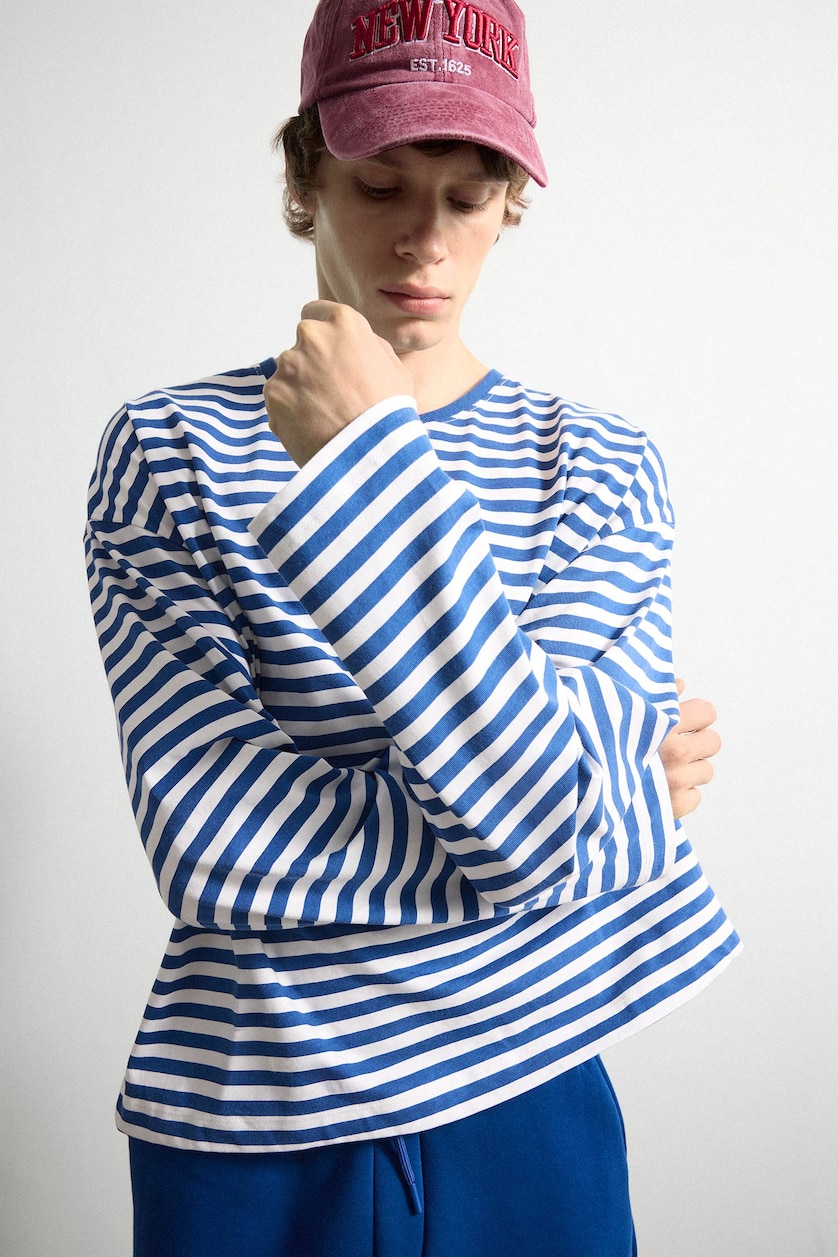 HOMME Marin T-shirt boxy rayé 100% coton à manches longues