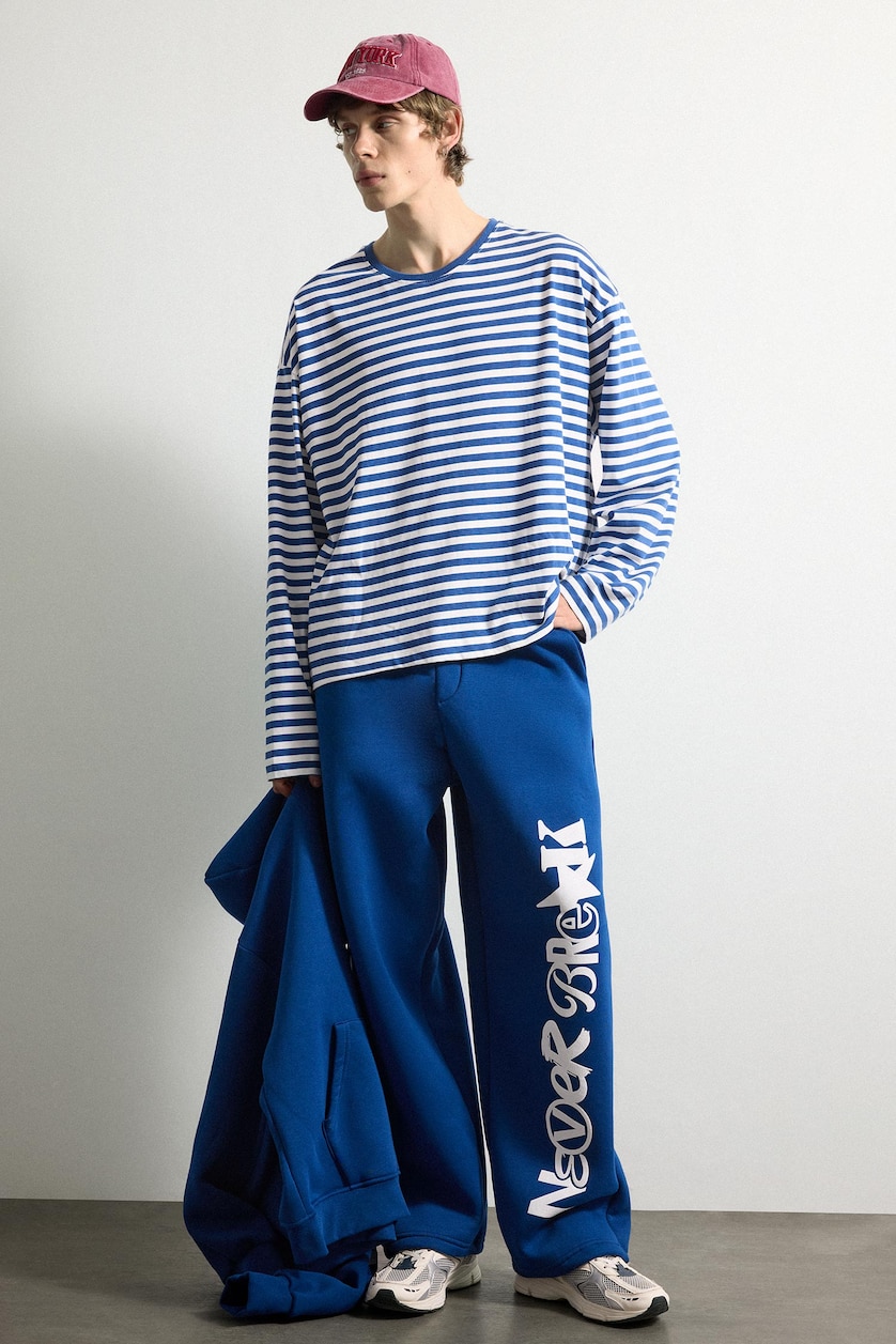 HOMME Marin T-shirt boxy rayé 100% coton à manches longues
