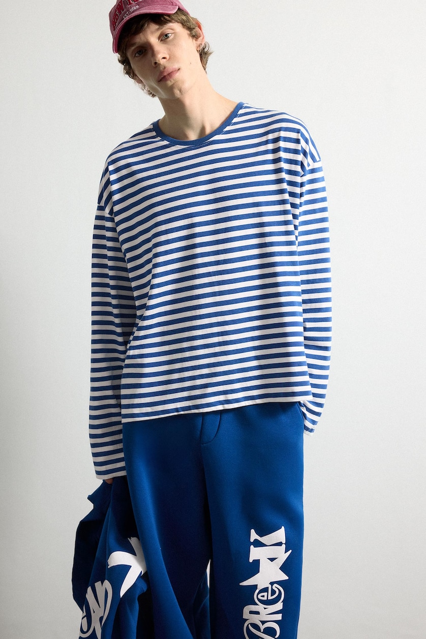 HOMME Marin T-shirt boxy rayé 100% coton à manches longues
