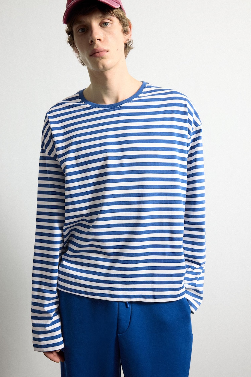 HOMME Marin T-shirt boxy rayé 100% coton à manches longues