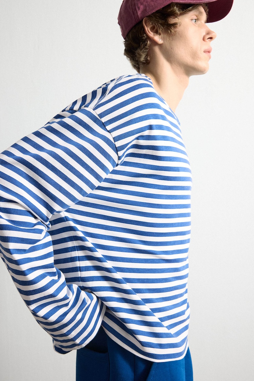 HOMME Marin T-shirt boxy rayé 100% coton à manches longues