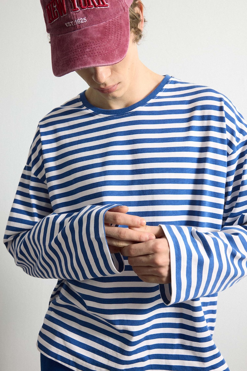 HOMME Marin T-shirt boxy rayé 100% coton à manches longues