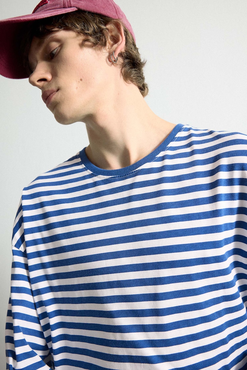 HOMME Marin T-shirt boxy rayé 100% coton à manches longues