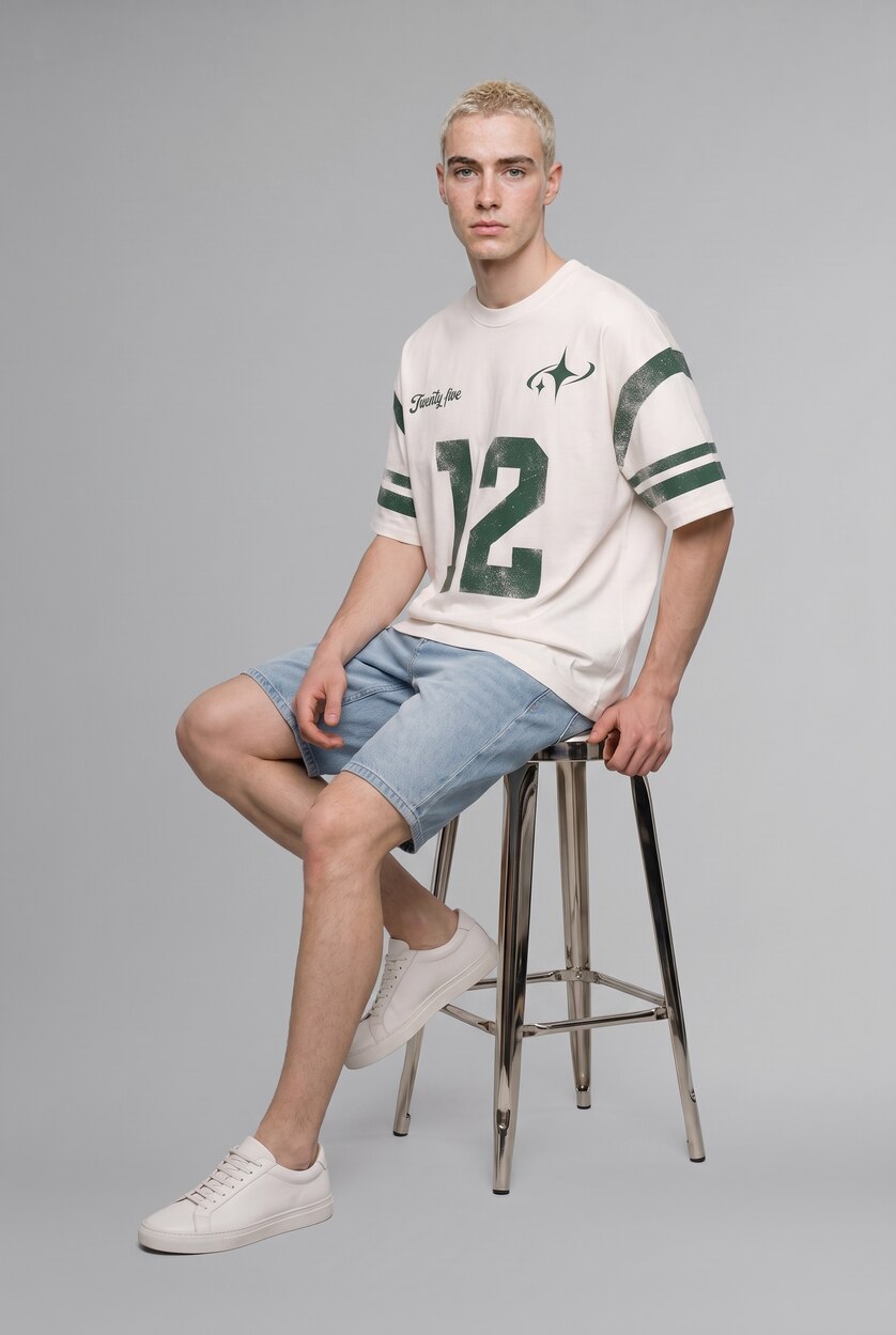 Men Ecru Boxy Fit Short Sleeve T-Shirt