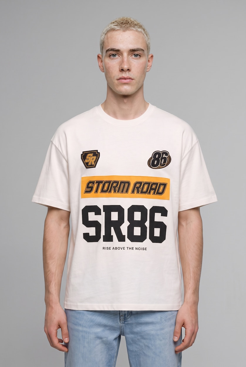 Men Ecru Boxy Fit Short Sleeve T-Shirt