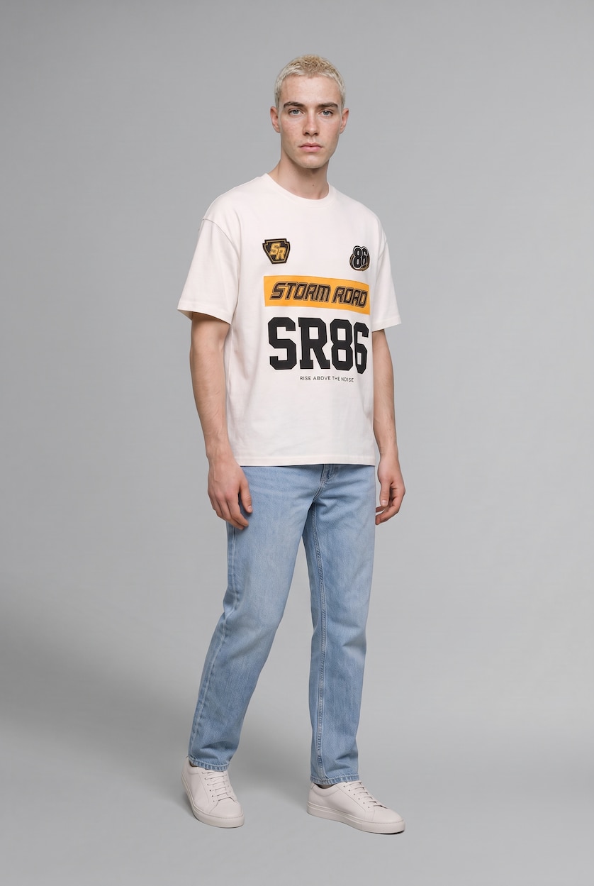 Men Ecru Boxy Fit Short Sleeve T-Shirt