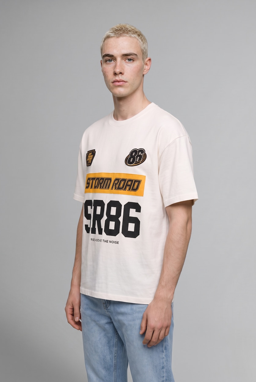 Men Ecru Boxy Fit Short Sleeve T-Shirt
