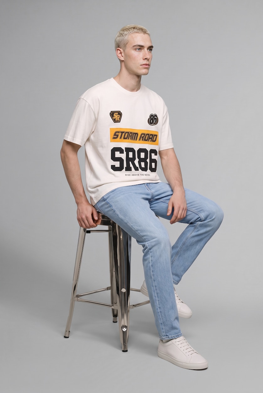 Men Ecru Boxy Fit Short Sleeve T-Shirt