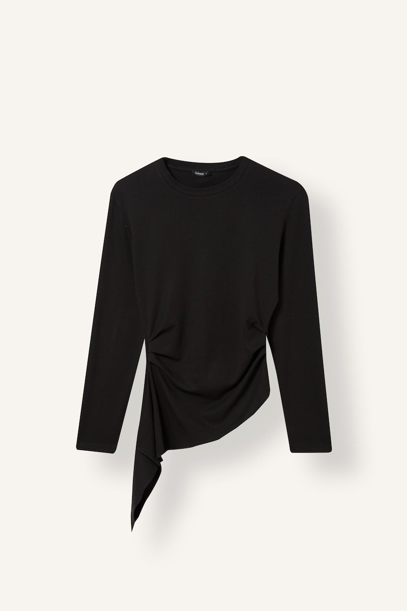 Kadın Siyah %100 Pamuk Slim Fit Büzgülü Uzun Kollu Basic Tişört