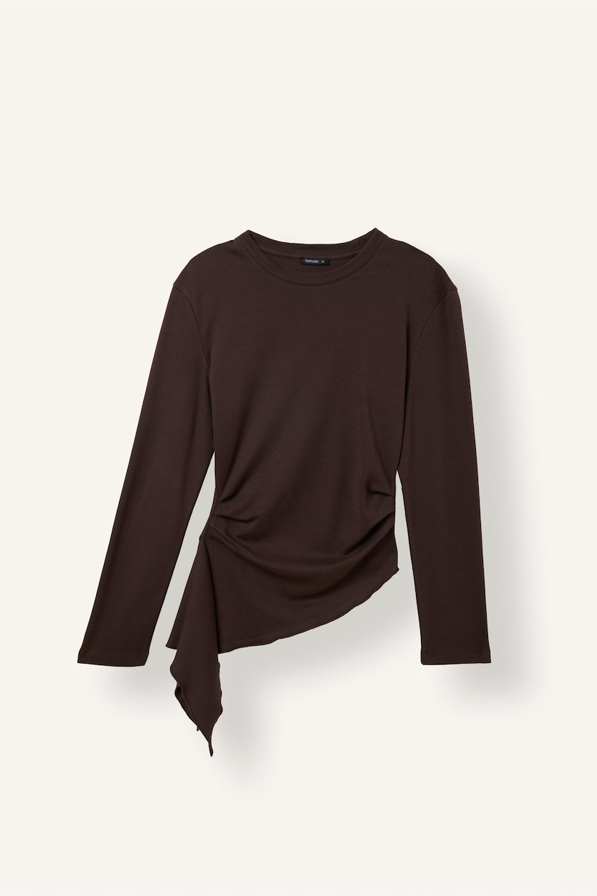 Kadın Kahve Slim Fit Büzgülü Uzun Kollu Basic Tişört