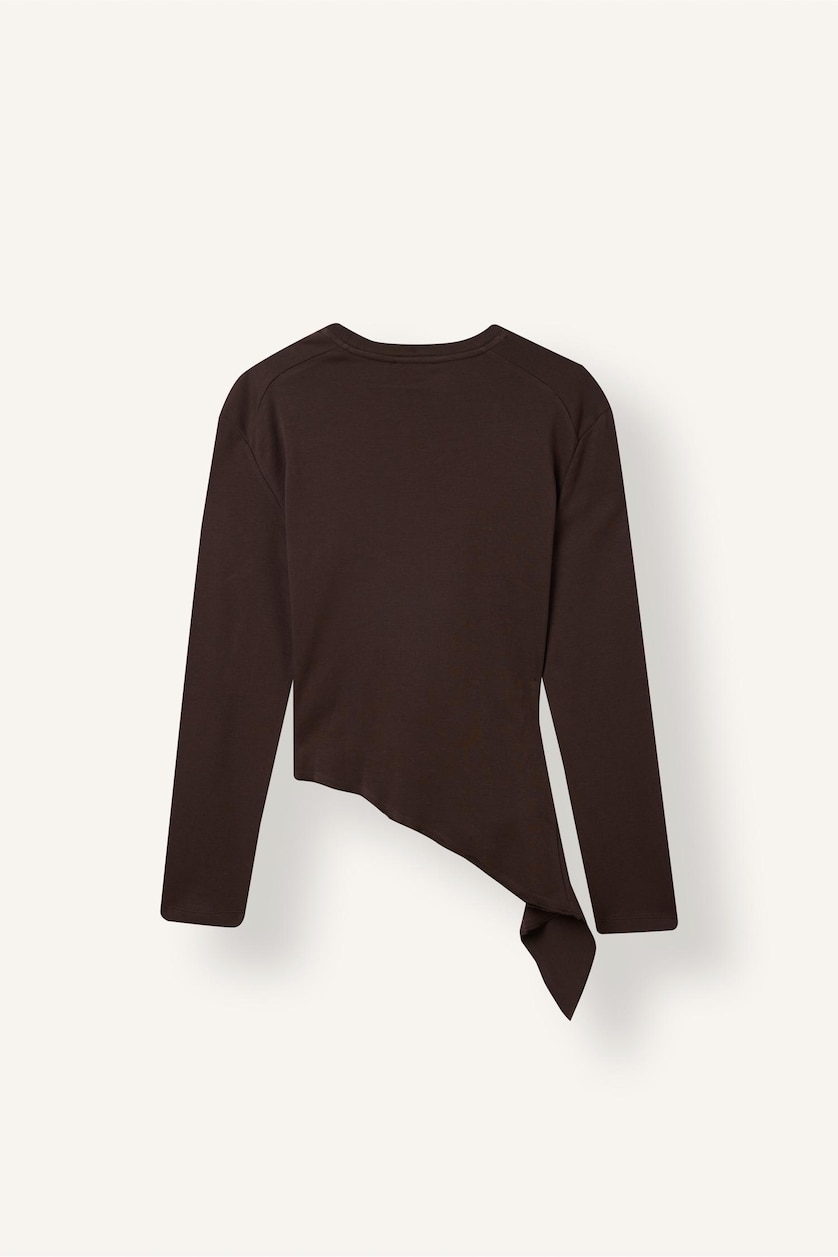 Kadın Kahve Slim Fit Büzgülü Uzun Kollu Basic Tişört