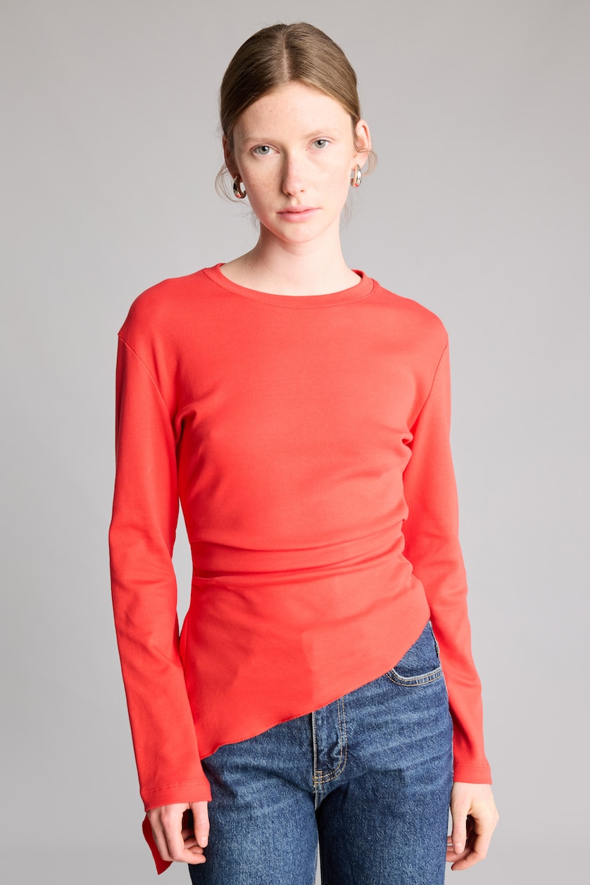 Kadın Kırmızı %100 Pamuk Slim Fit Büzgülü Uzun Kollu Basic Tişört