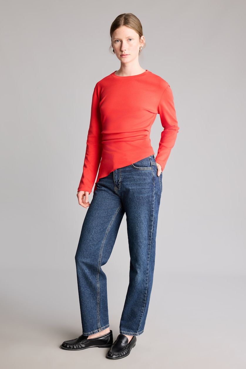 Kadın Kırmızı %100 Pamuk Slim Fit Büzgülü Uzun Kollu Basic Tişört