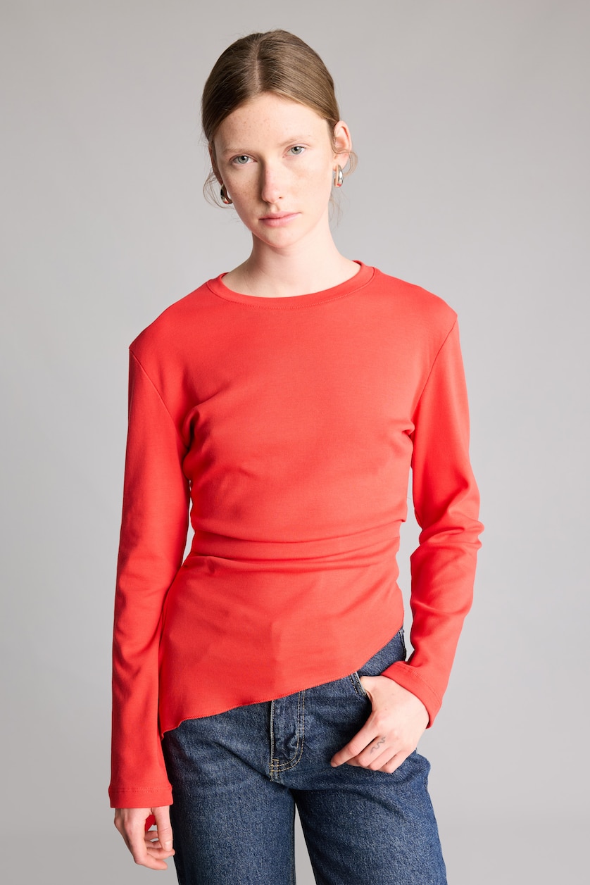 Kadın Kırmızı %100 Pamuk Slim Fit Büzgülü Uzun Kollu Basic Tişört
