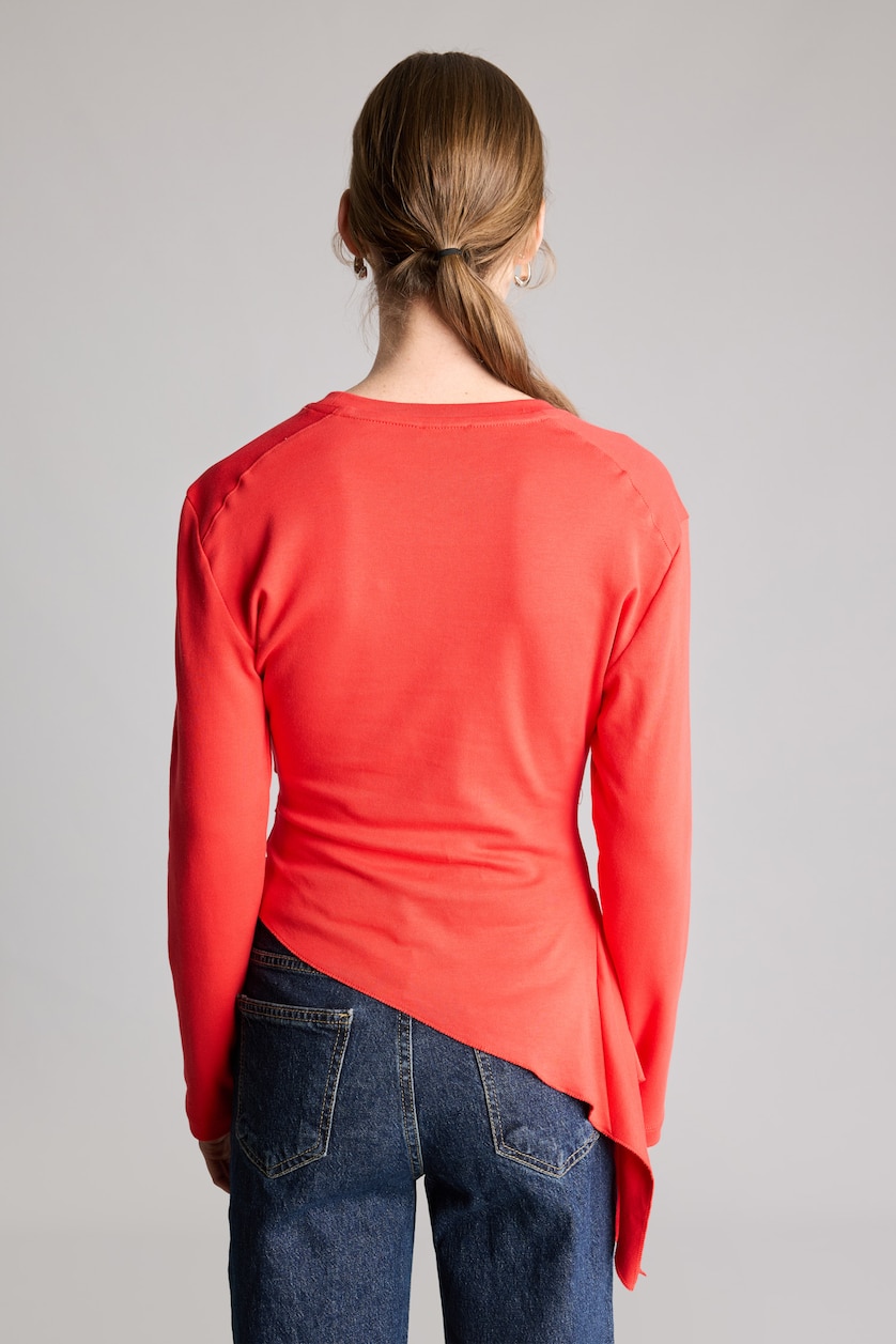 Kadın Kırmızı %100 Pamuk Slim Fit Büzgülü Uzun Kollu Basic Tişört