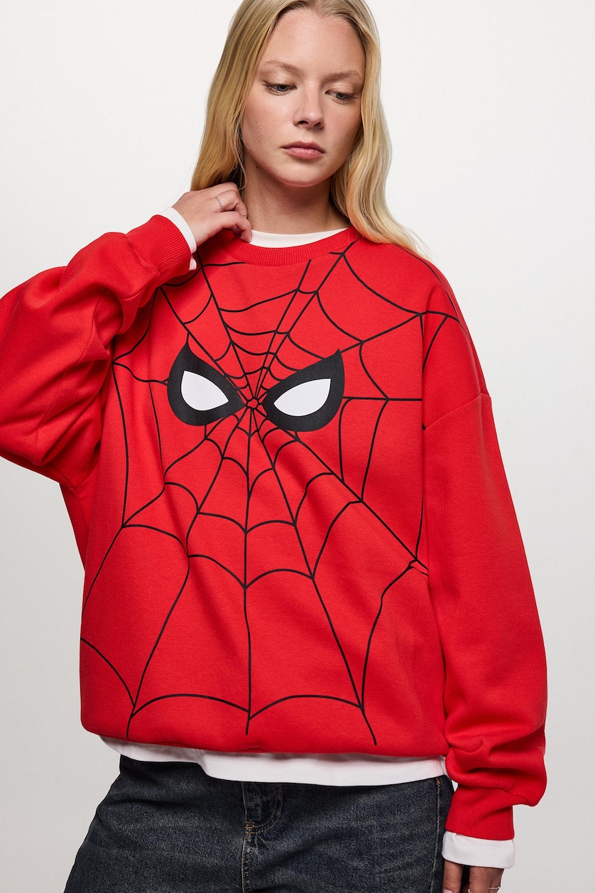 Kadın Kırmızı Spıderman Oversıze Kalın Sweatshirt