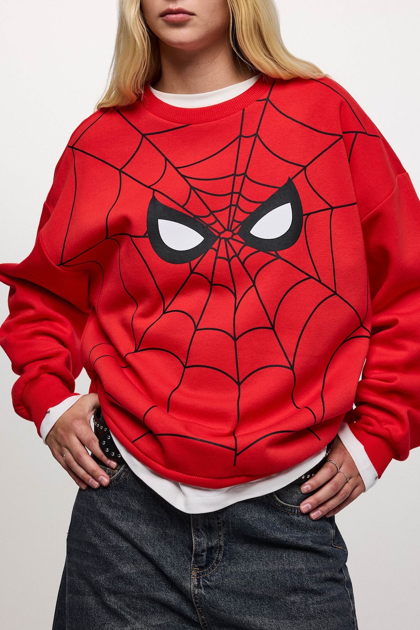 Kadın Kırmızı Spıderman Oversıze Kalın Sweatshirt