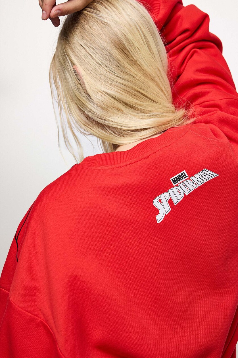 Kadın Kırmızı Spıderman Oversıze Kalın Sweatshirt