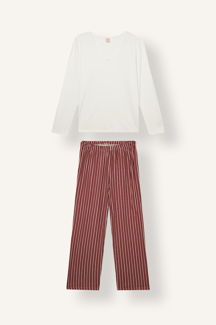 Kadın Açık Kahve Regular Fit Çizgili Pijama Takımı