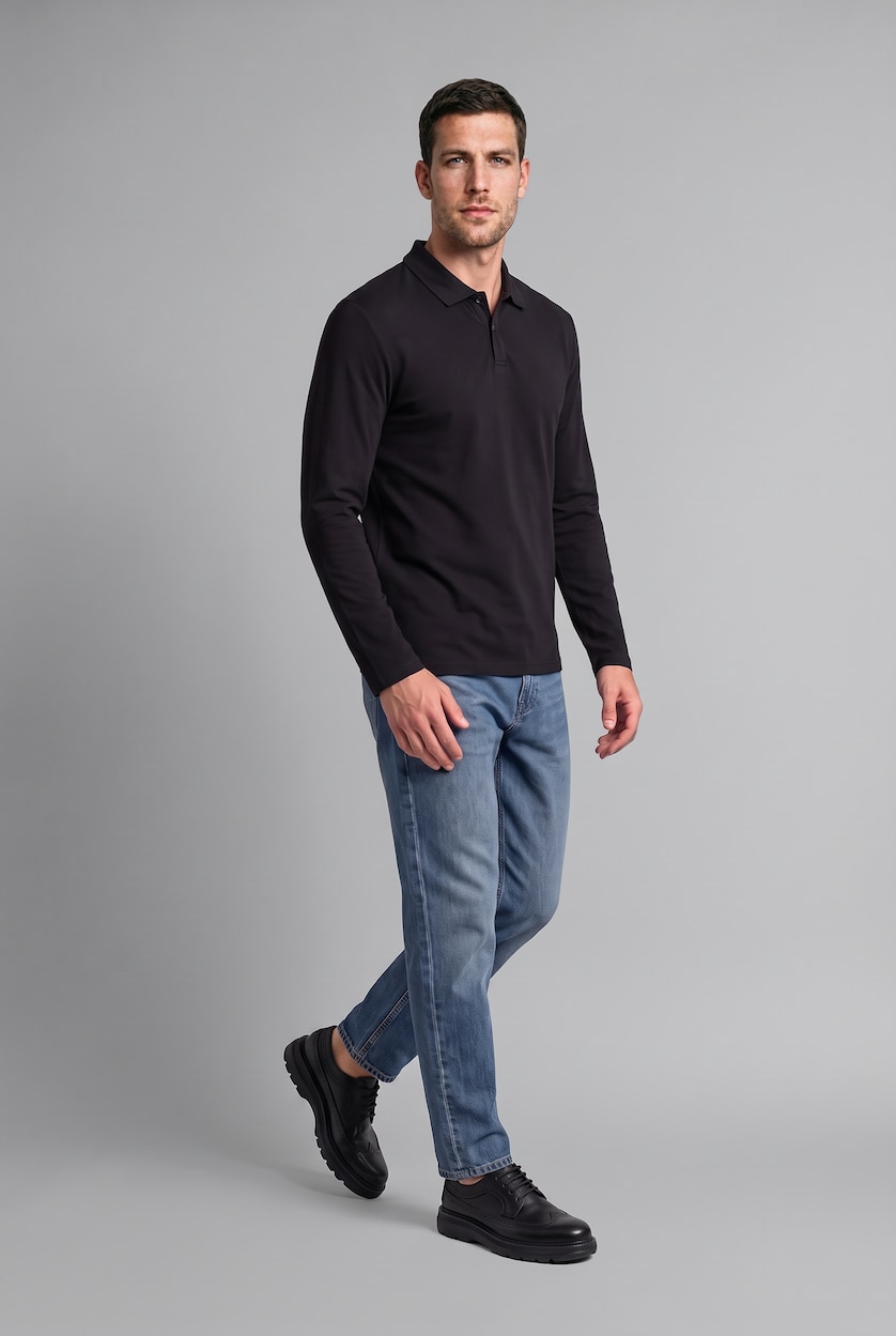 Men Black Regular Fit Pique Long Sleeve T-Shirt