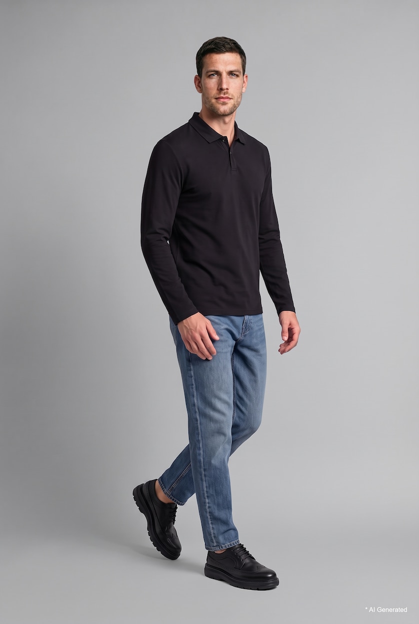 رجالي أسود Regular Fit Pique Long Sleeve T-Shirt