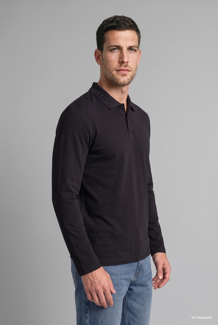 رجالي أسود Regular Fit Pique Long Sleeve T-Shirt