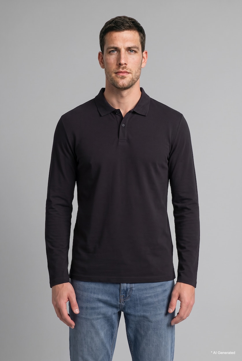 رجالي أسود Regular Fit Pique Long Sleeve T-Shirt