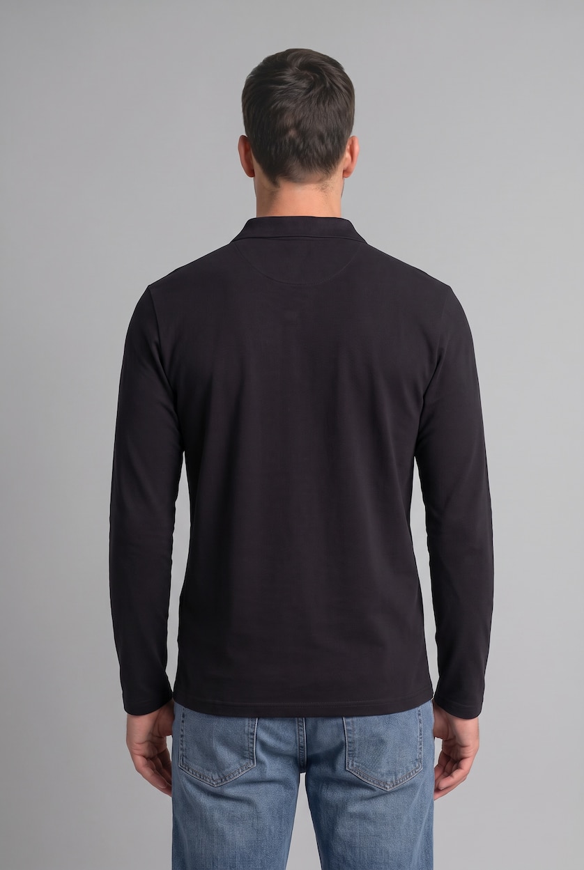 Men Black Regular Fit Pique Long Sleeve T-Shirt
