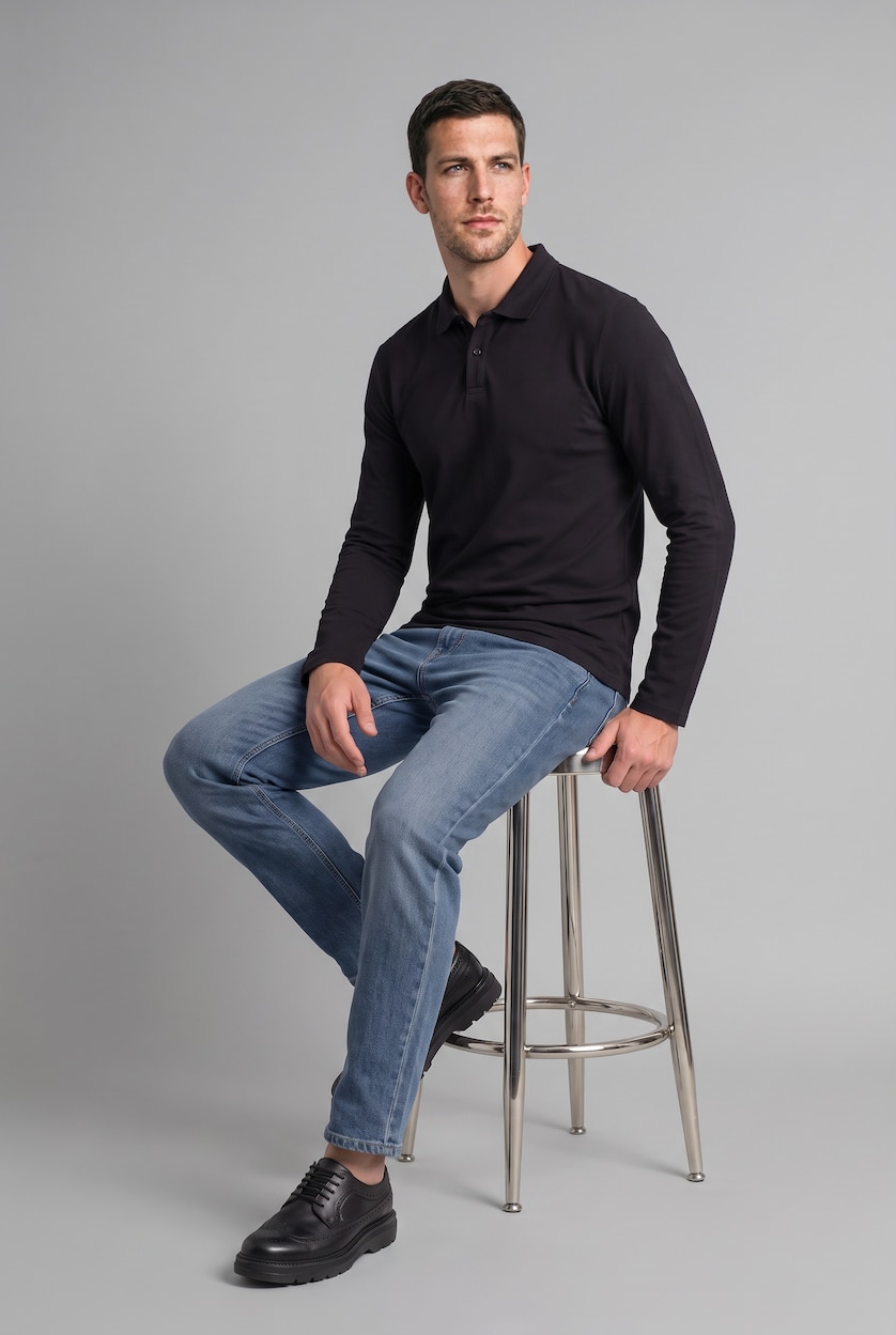 Men Black Regular Fit Pique Long Sleeve T-Shirt