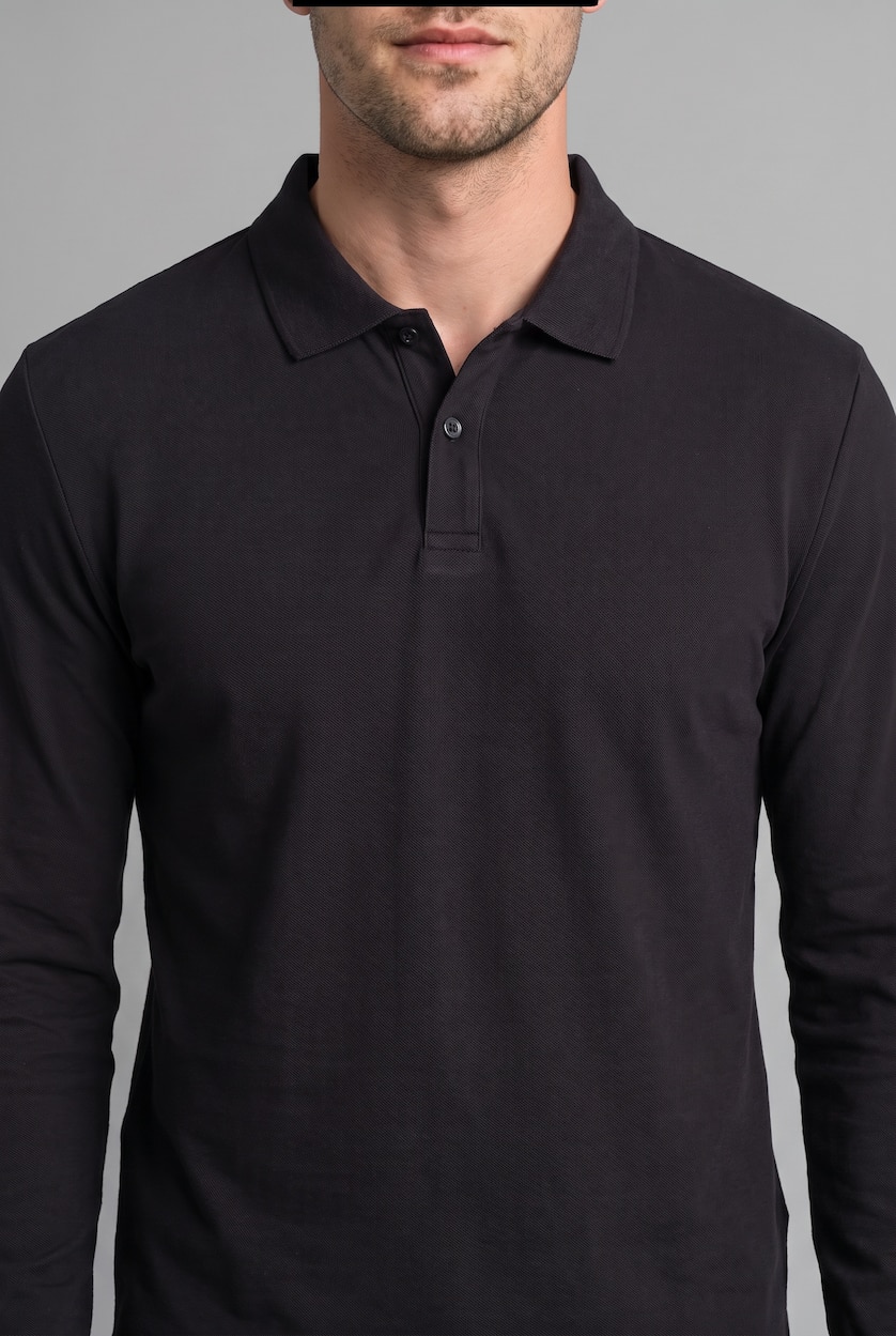Men Black Regular Fit Pique Long Sleeve T-Shirt