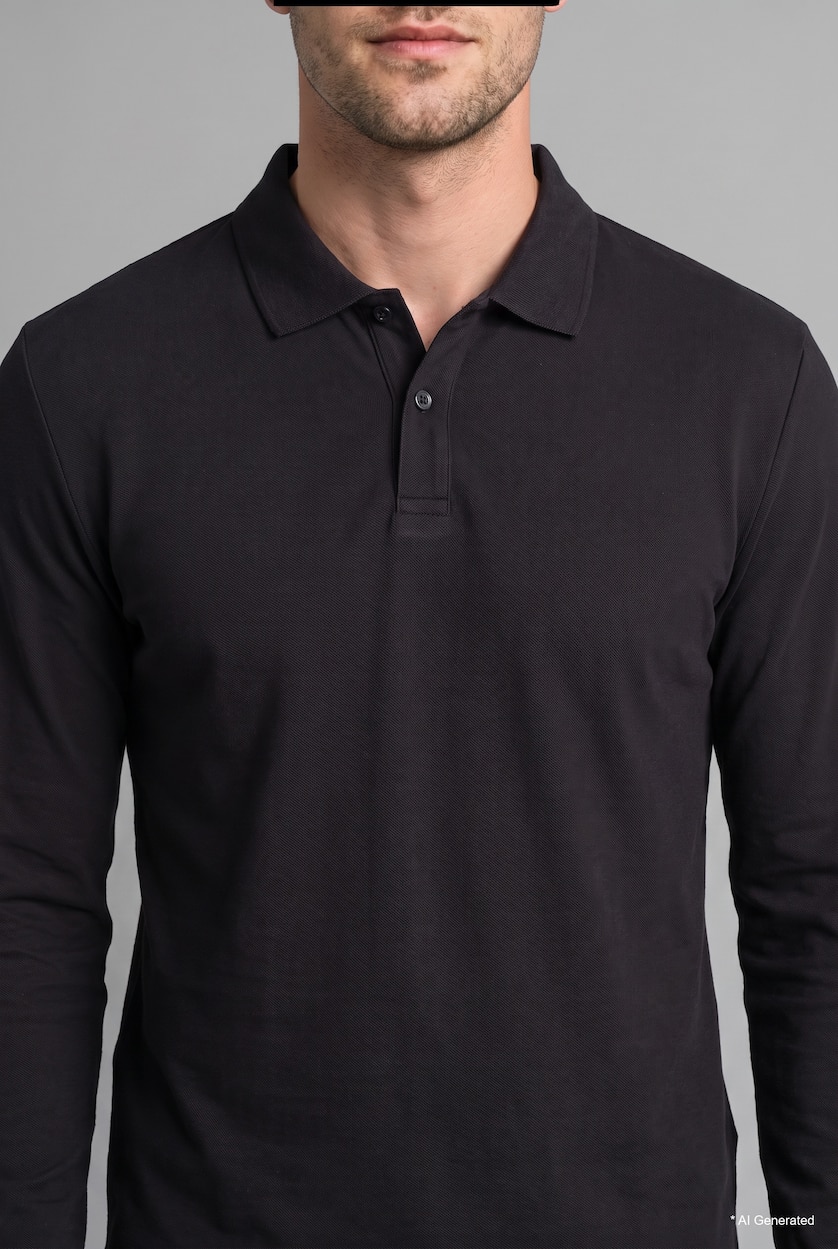 رجالي أسود Regular Fit Pique Long Sleeve T-Shirt