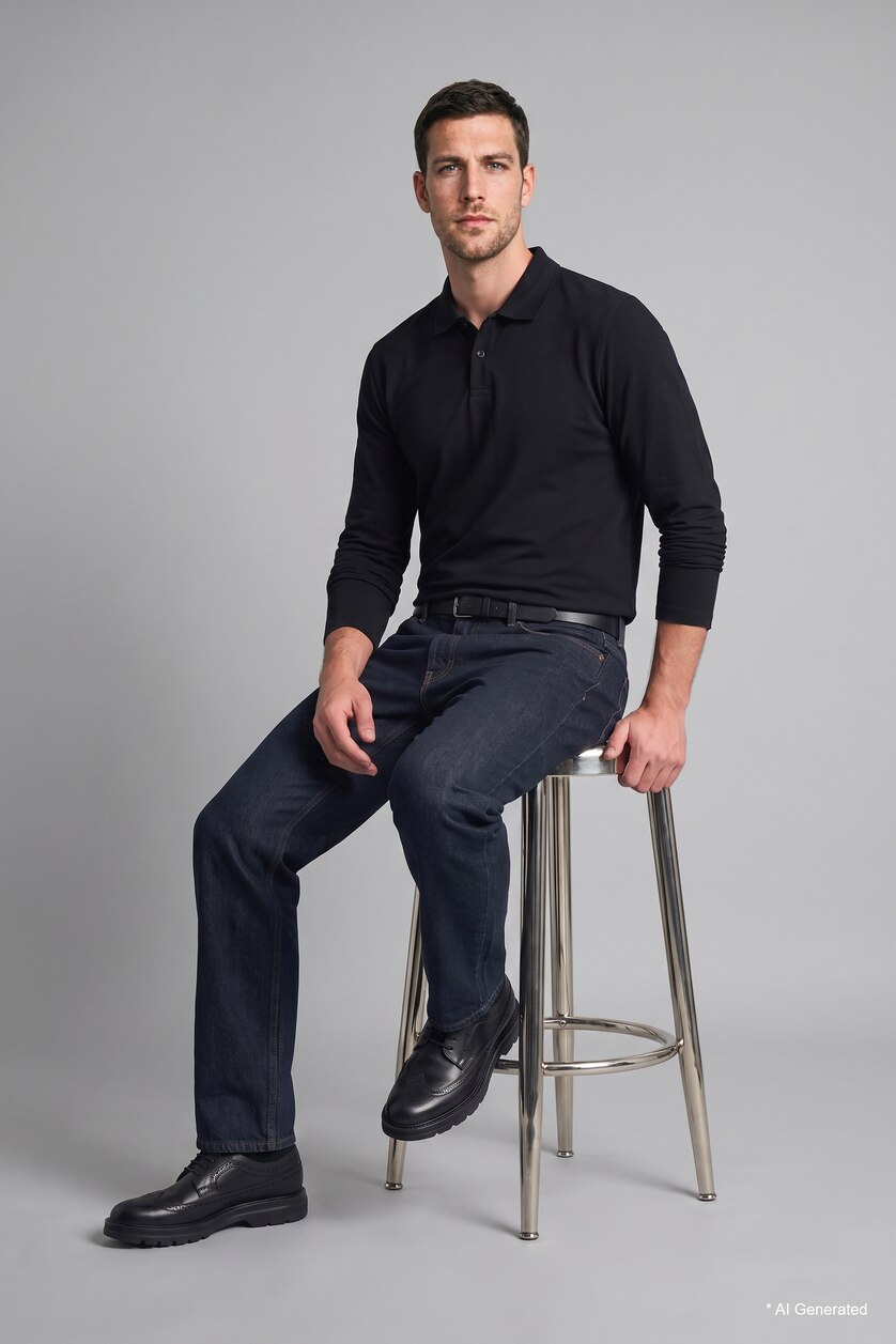 Men NAVY Regular Fit Pique Long Sleeve T-Shirt