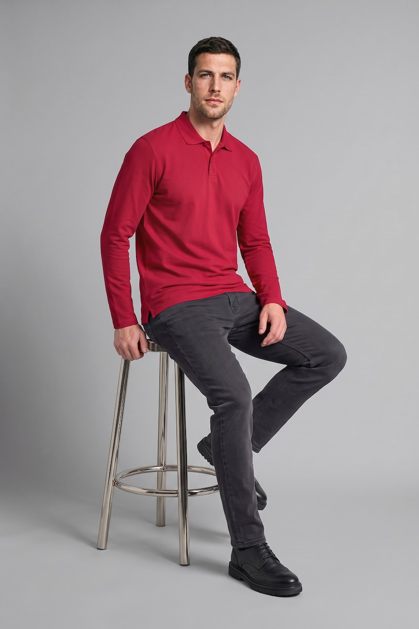 Men Red Regular Fit Pique Long Sleeve T-Shirt